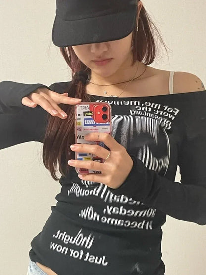 Graffiti Letter Print Slim Long T-Shirt