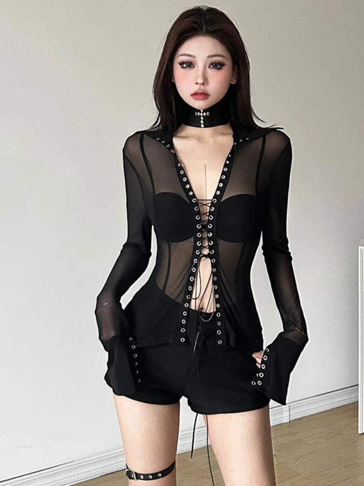 Sexy Vintage Patchwork Gauze Bodycon Shirt