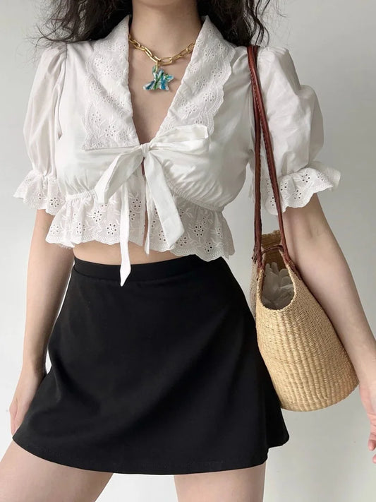 Sweet Flower Embroidery Bow Bandage Shirt