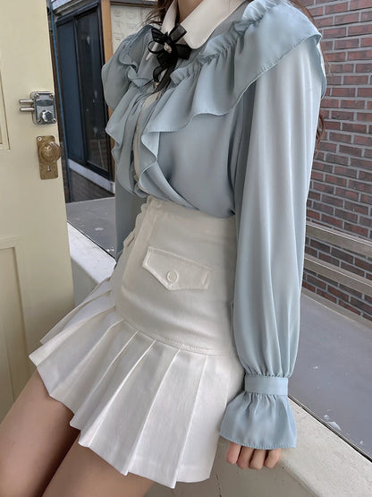 Sweet Bow Ruffle Patchwork Shirt