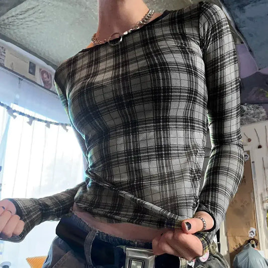 Y2K Plaid Mesh Print Crop T-Shirt