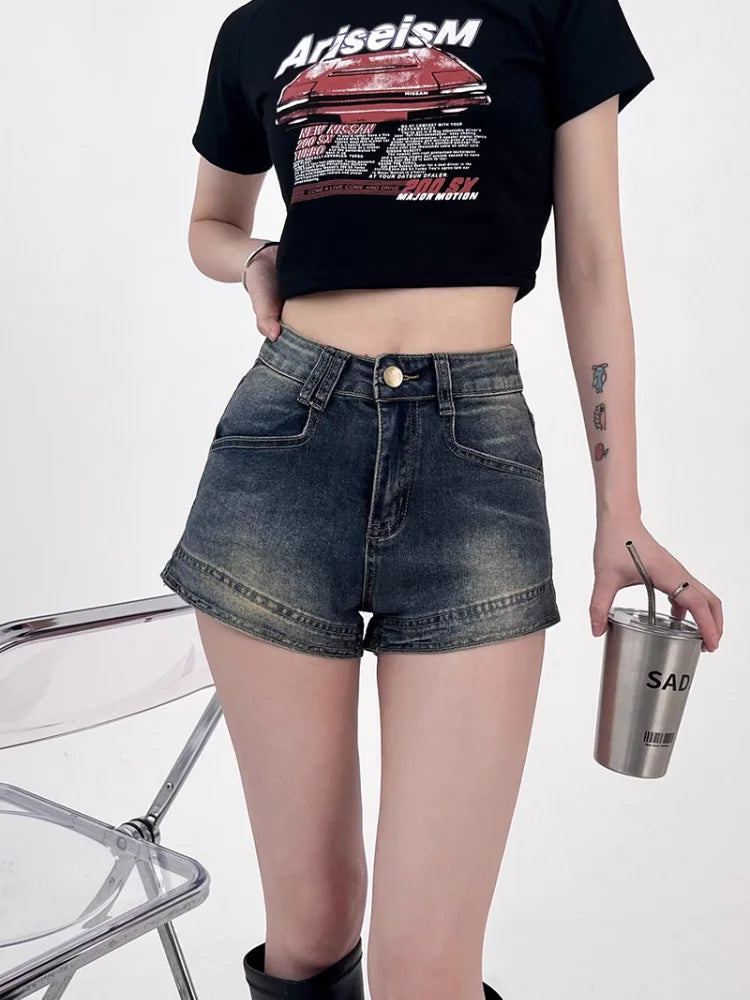 Pantalones cortos vaqueros para mujer, sexys, de cintura alta, estilo americano, retro, a la moda, para verano, ropa de calle informal que combina con todo