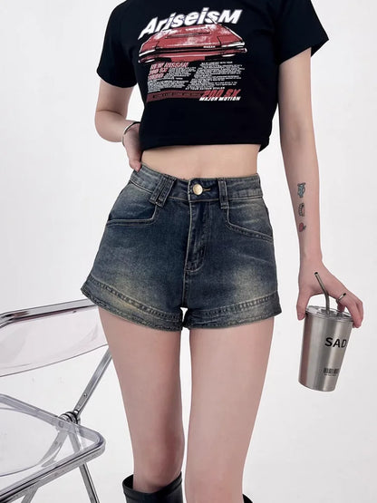 Pantalones cortos vaqueros para mujer, sexys, de cintura alta, estilo americano, retro, a la moda, para verano, ropa de calle informal que combina con todo
