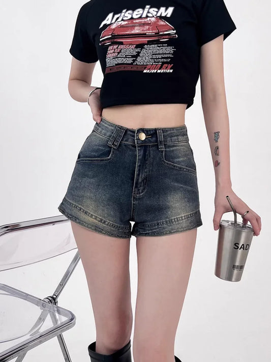 Pantalones cortos vaqueros para mujer, sexys, de cintura alta, estilo americano, retro, a la moda, para verano, ropa de calle informal que combina con todo