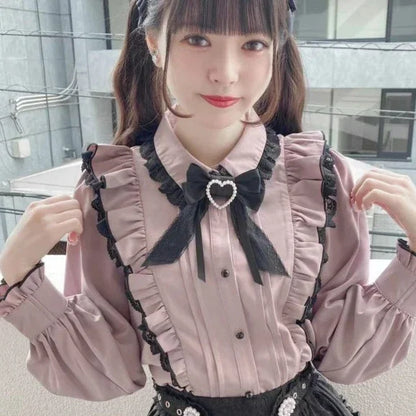 Pink Lace Ruffle Bow Blouse Shirt