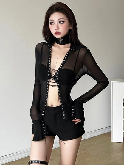 Sexy Vintage Patchwork Gauze Bodycon Shirt