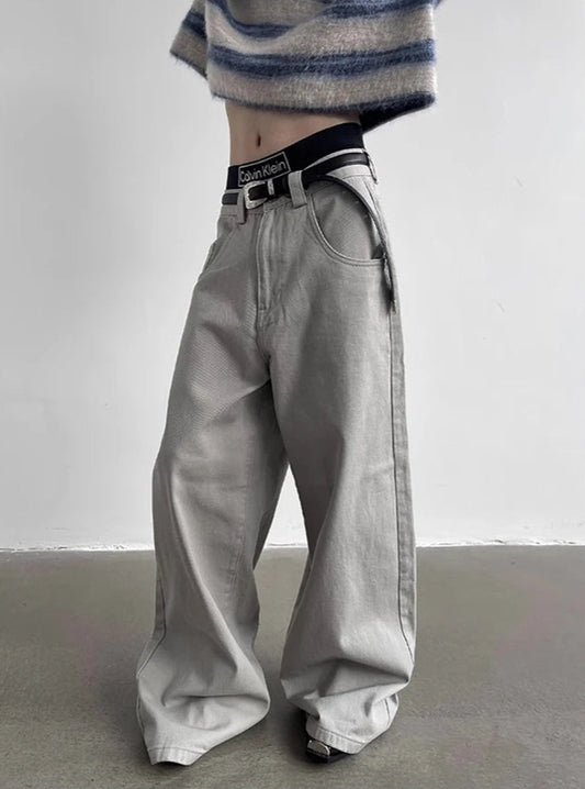 Autumn Grey Flowy Baggy Wide Pants