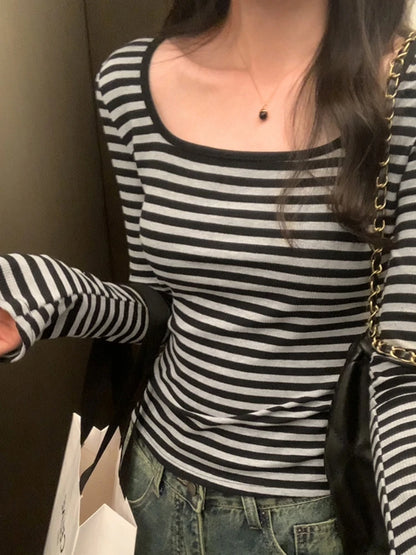 Striped Square Neck Long-sleeved T-shirt