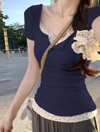 Sweet Flower Print Patchwork Lace T-Shirt