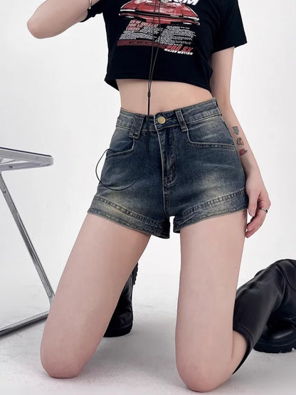 Pantalones cortos vaqueros para mujer, sexys, de cintura alta, estilo americano, retro, a la moda, para verano, ropa de calle informal que combina con todo