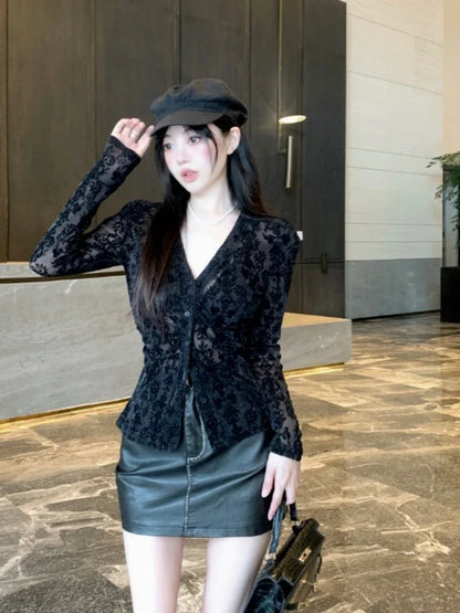 V-Neck Lace Trim Autumn Shirt