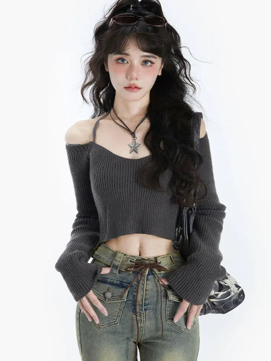 Korean Vintage Aesthetic Slim Cropped Sweater
