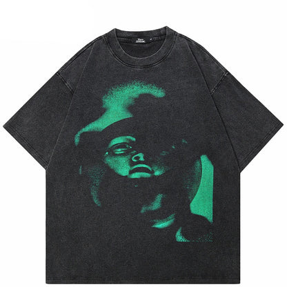 Washed Black Graphic Face Cotton T-Shirt