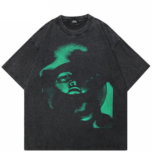 Washed Black Graphic Face Cotton T-Shirt