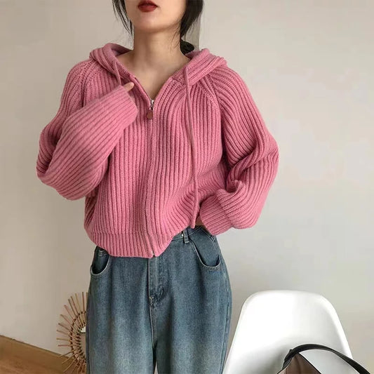 Pink Drawstring Hooded Knitting Sweater