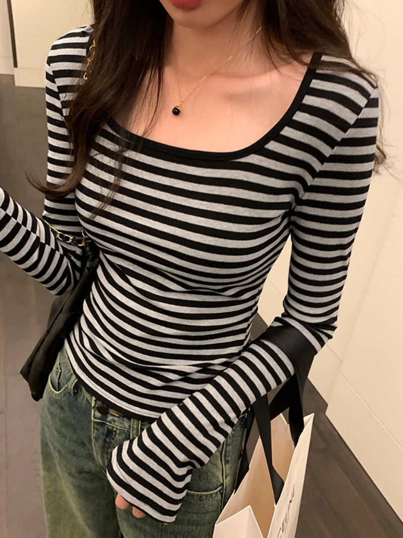 Striped Square Neck Long-sleeved T-shirt