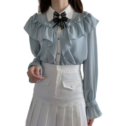 Sweet Bow Ruffle Patchwork Shirt