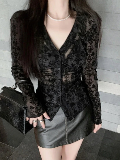 V-Neck Lace Trim Autumn Shirt