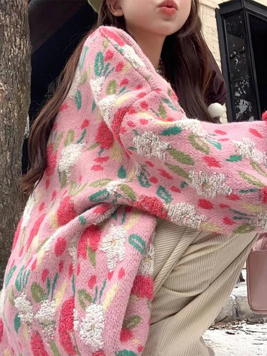 Model wearing the pink Floral Knit Buttoned Sweater