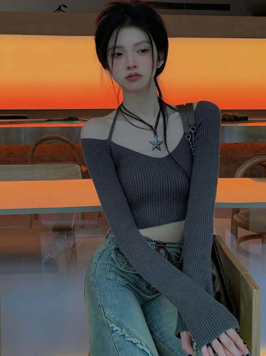 Korean Vintage Aesthetic Slim Cropped Sweater