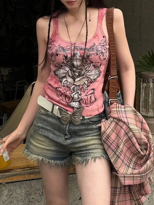 Y2K Diamon Letter Print Crop Top
