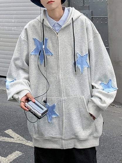Oversized Star Patch Zip-Up Hoodie