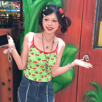 Y2K Patchwork Green Halter Crop Top