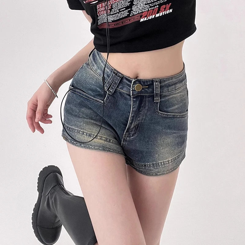 Pantalones cortos vaqueros para mujer, sexys, de cintura alta, estilo americano, retro, a la moda, para verano, ropa de calle informal que combina con todo