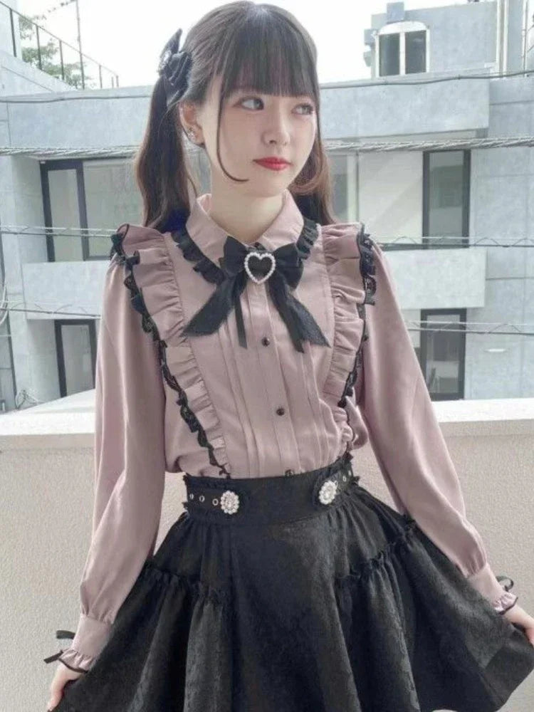 Pink Lace Ruffle Bow Blouse Shirt