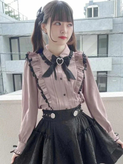 Pink Lace Ruffle Bow Blouse Shirt
