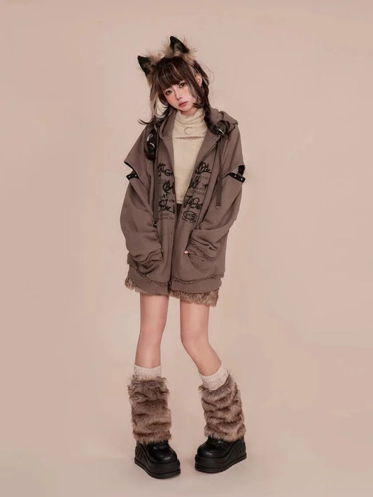 Cute Casual Loose Ears Zipper Hoodie