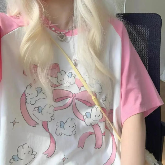 Sweet Pink Skater Girl Graphic Rabbit T-Shirt