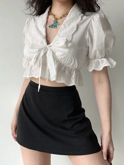 Sweet Flower Embroidery Bow Bandage Shirt