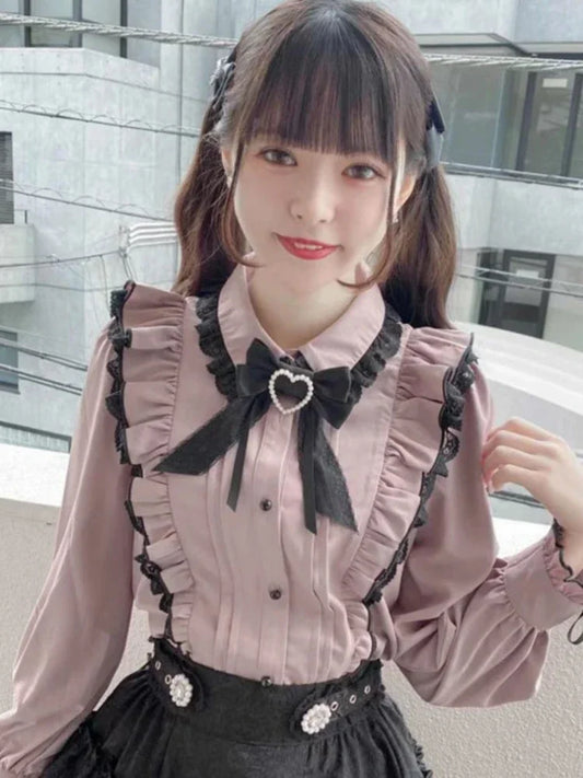 Pink Lace Ruffle Bow Blouse Shirt
