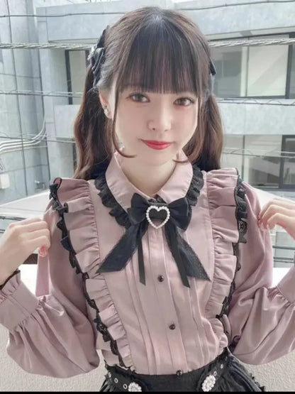 Pink Lace Ruffle Bow Blouse Shirt