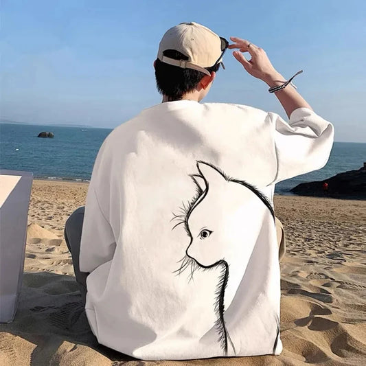 Camiseta de verano para hombre, de gran tamaño, con estampado de gato de dibujos animados, unisex, holgada, de algodón, ropa de diario, talla 8XL