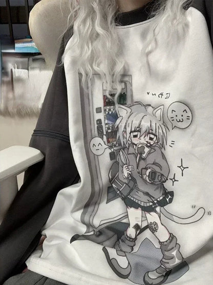 Detachable Sleeve Kawaii Cat Print T-Shirt