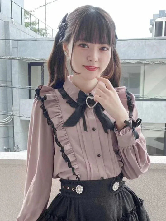 Pink Lace Ruffle Bow Blouse Shirt