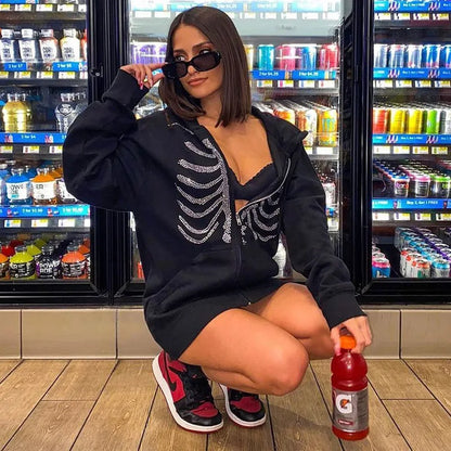 Rhinestone Gothic Skeleton Zip-Up Hoodie