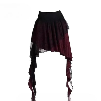 Plaid Lace Patch Gothic Irregular Skirt