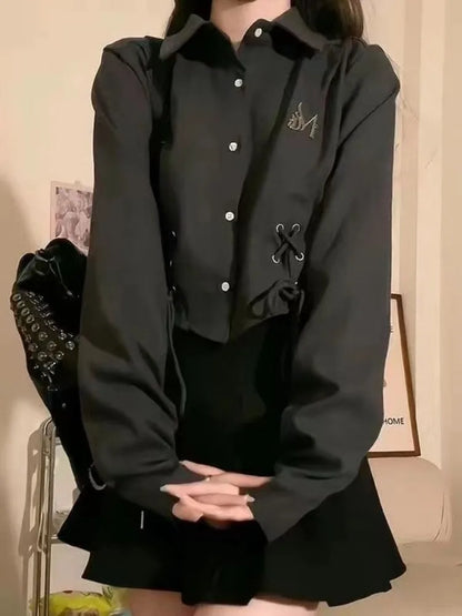 Black Casual Bandage Blouse Shirt