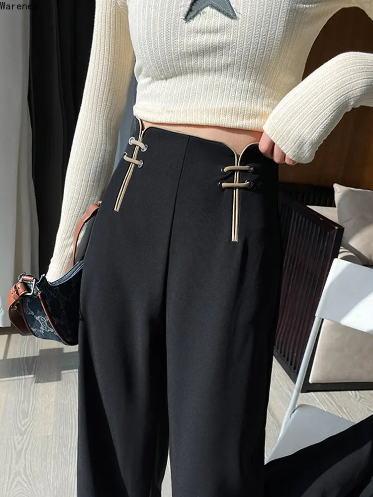 Pantalones de pierna ancha de cintura alta, lisos, estilo chino vintage, para mujer, otoño 2023, holgados, negros, suaves, largos