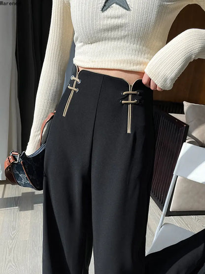 Pantalones de pierna ancha de cintura alta, lisos, estilo chino vintage, para mujer, otoño 2023, holgados, negros, suaves, largos