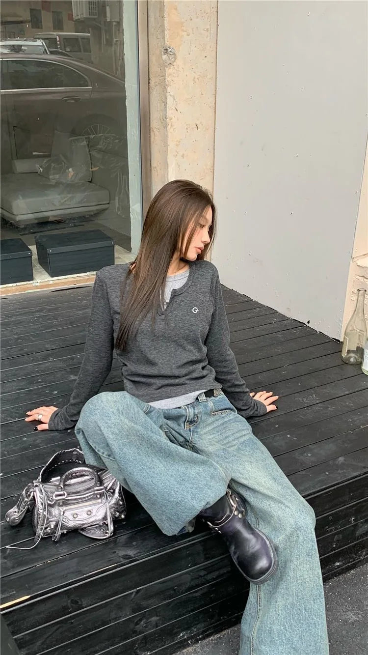 Stylish Korean O-Neck Long Sleeve T-Shirt