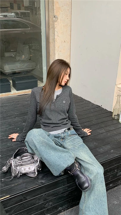Stylish Korean O-Neck Long Sleeve T-Shirt