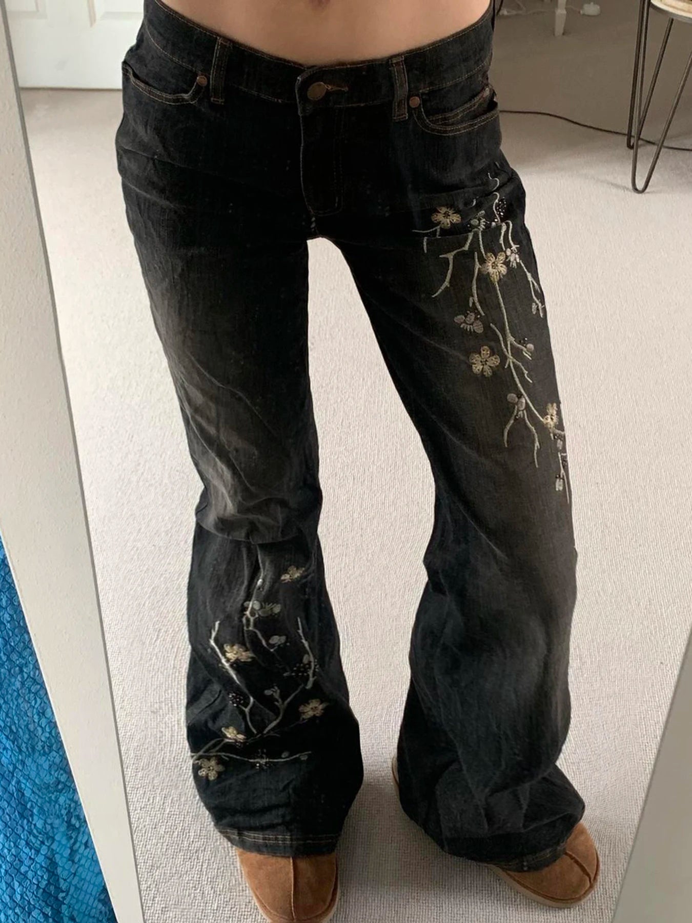 Vintage Floral Embroidery Low Rise Jeans
