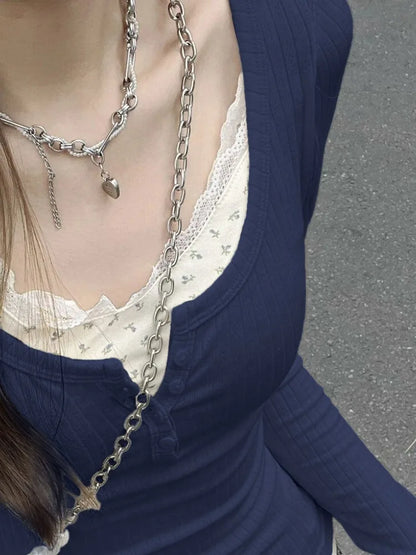 Sweet Flower Print Patchwork Lace T-Shirt