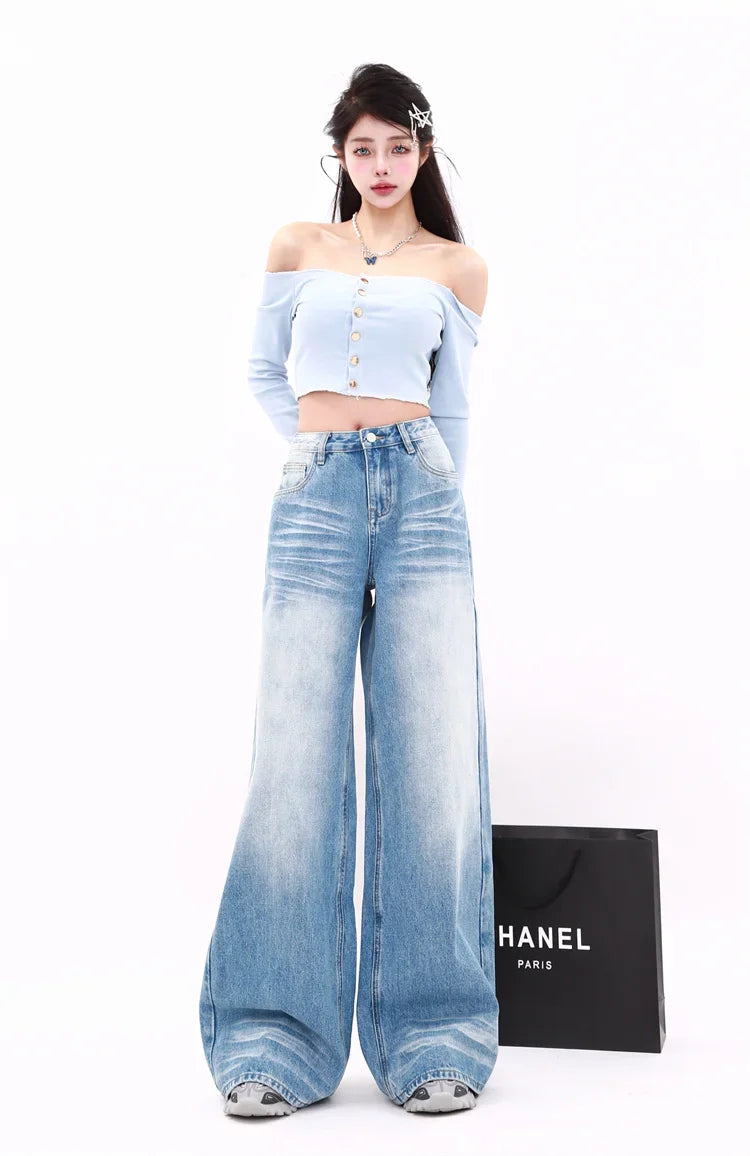 Model wearing the blue Relaxed Wide-Leg Jeans