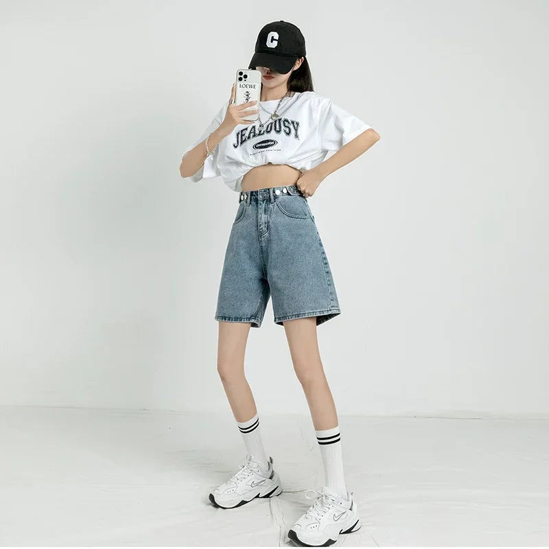 ZOENOVA - Pantalones cortos vaqueros con cinturón para mujer, holgados, estilo Y2K, rectos, vintage, estilo urbano, de mezclilla, sueltos, para verano, 2024