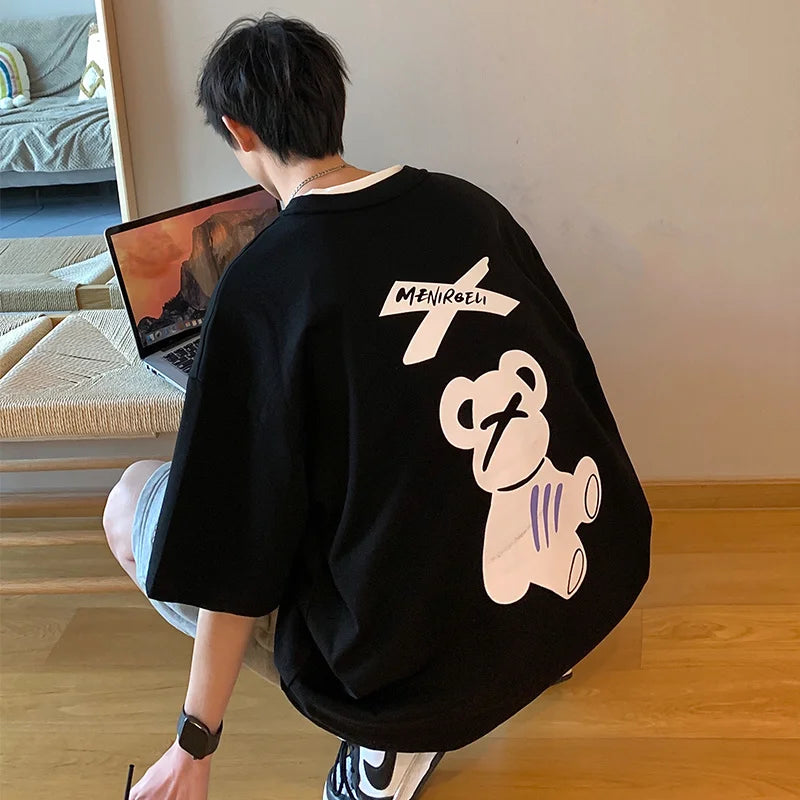 Camiseta de manga corta HMZ de moda coreana para hombre, con estampado de oso de dibujos animados, holgada, de gran tamaño, estilo hip hop, para parejas.